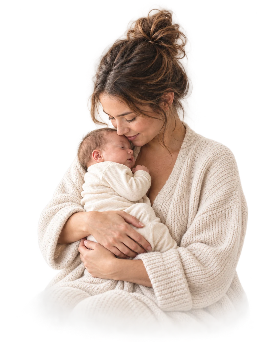 A mother gently embracing her sleeping newborn